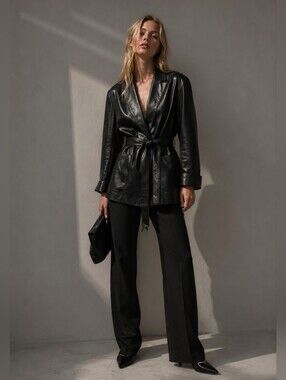 Maxima Black 100% Leather Belted Coat  Long Jacket Grunge Matrix Mininalist Luxe